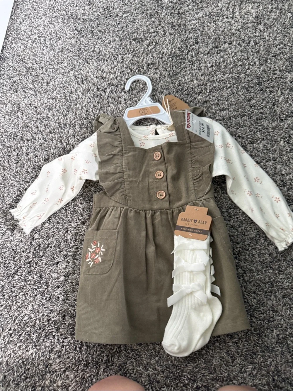 Rabbit & Bear Olive Green Ruffle Pinafore Dress with Cream Ruffle Socks